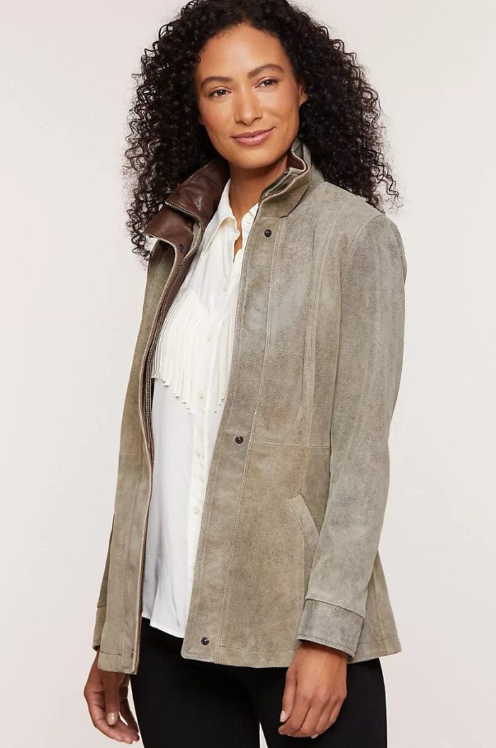 Rory distressed lambskin grey leather jacket for women - Image 3
