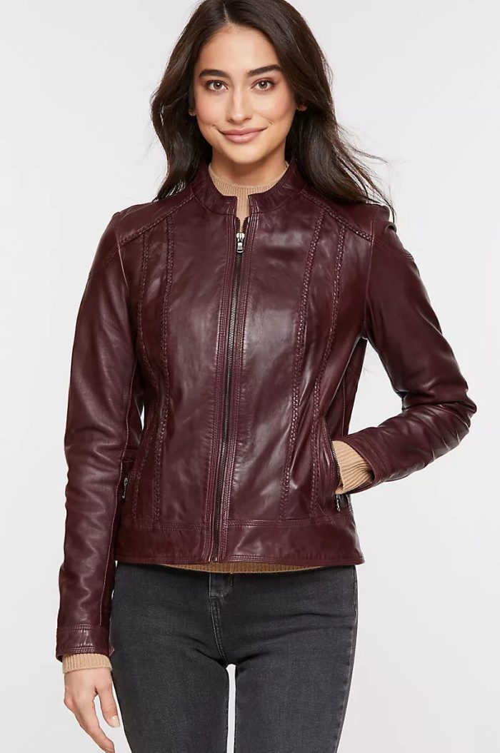 Sue washed lambskin brown leather moto jacket for women - Image 3