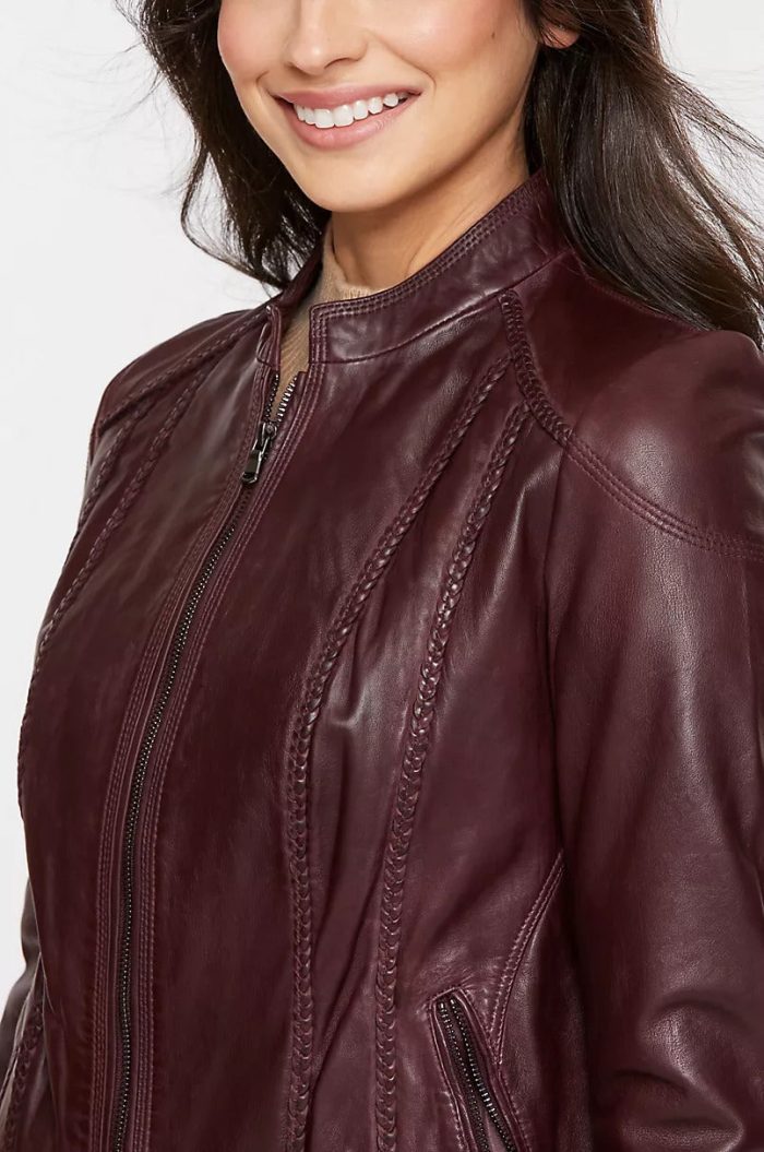 Sue washed lambskin brown leather moto jacket for women - Image 4