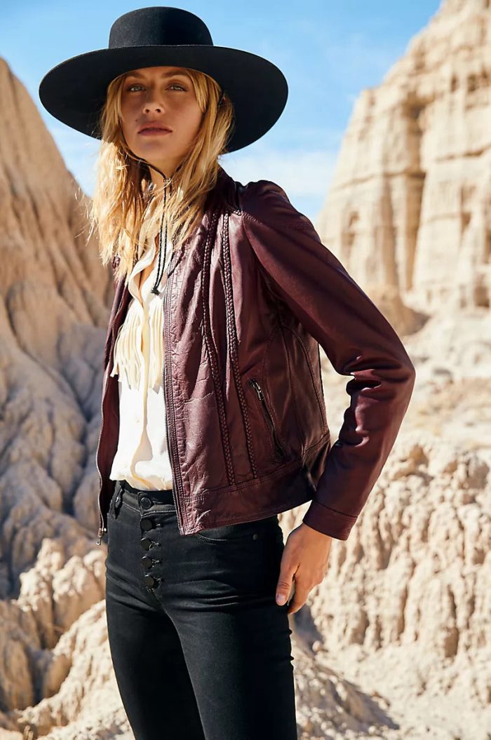 Sue washed lambskin brown leather moto jacket for women - Image 2
