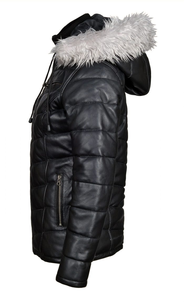 Snow’s Winter Puffer Leather Jacket With Fur Trimmed Hoodie - Image 3