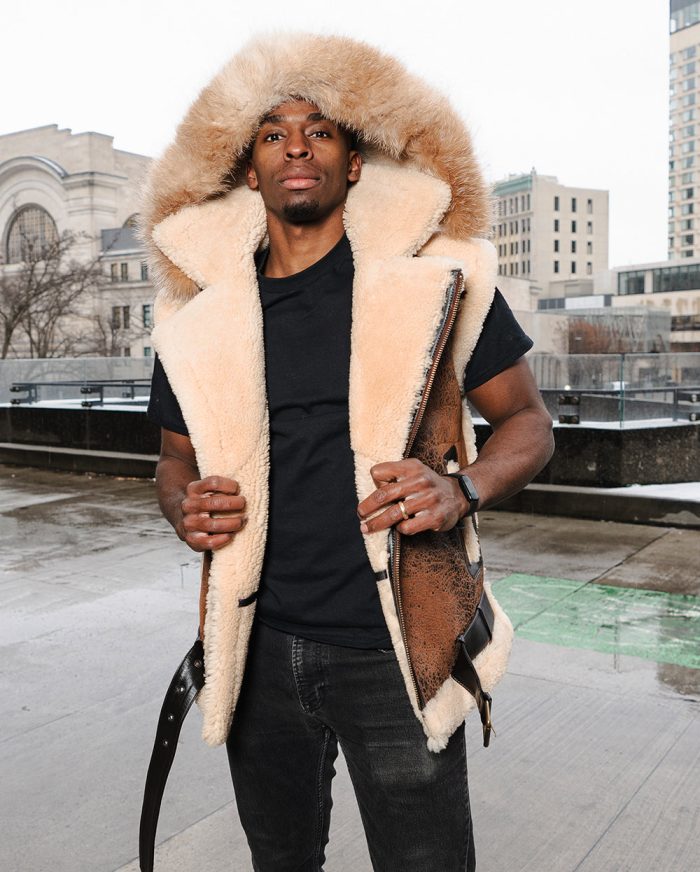 Ridgeway’s Vintage Distressed Brown shearling vest with hoodie - Image 2