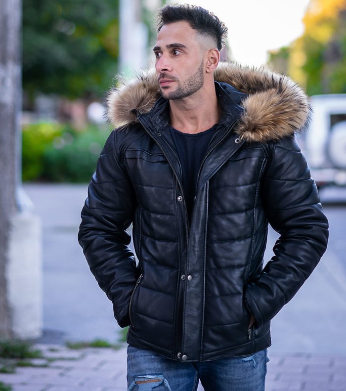 Rossi’s polyfill winter leather jacket with fur on hoodie - Image 2