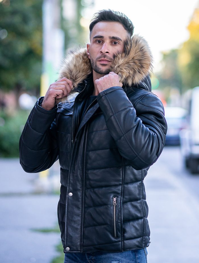 Rossi’s polyfill winter leather jacket with fur on hoodie - Image 3