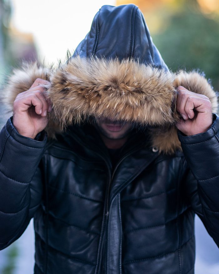 Rossi’s polyfill winter leather jacket with fur on hoodie - Image 4