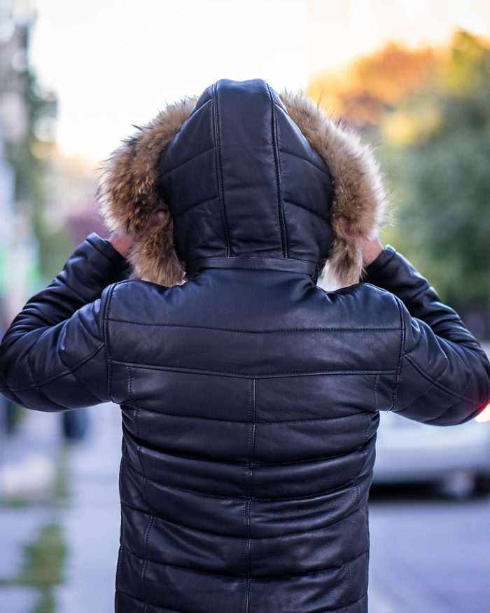 Rossi’s polyfill winter leather jacket with fur on hoodie - Image 6