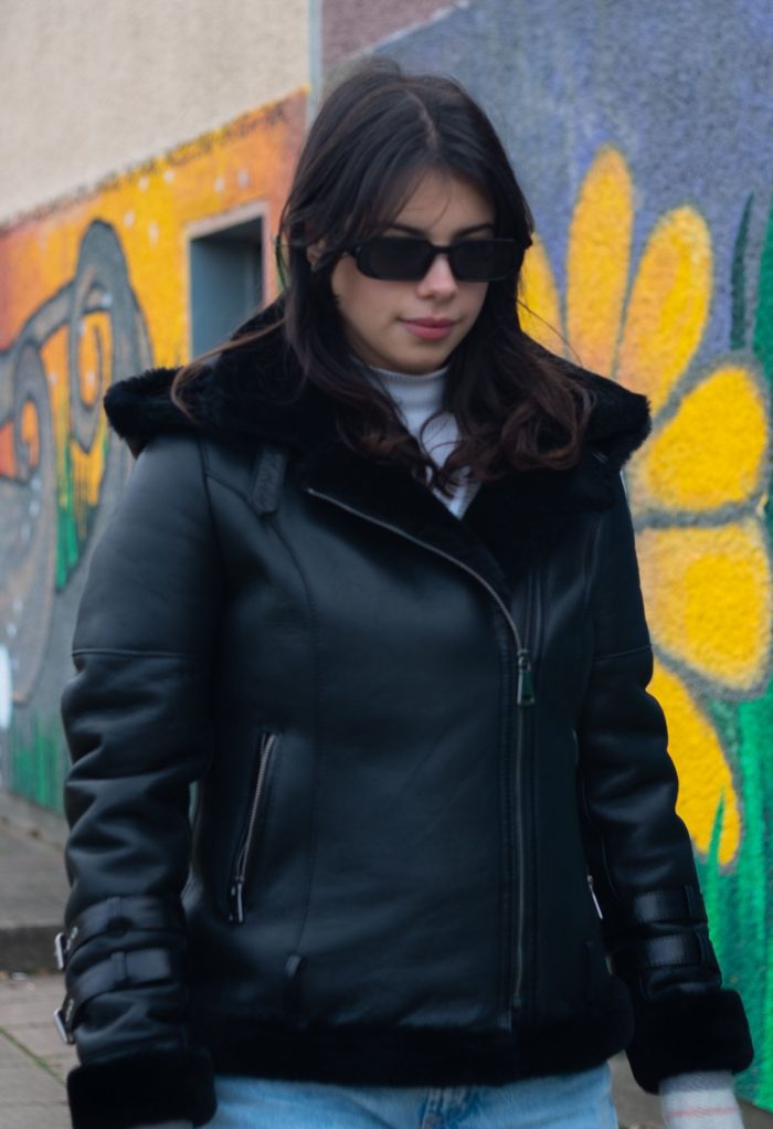 Sofie’s black biker style sheepskin shearling jacket with hoodie - Image 3