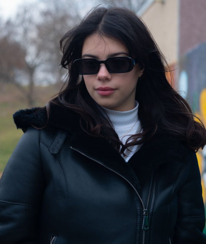 Sofie’s black biker style sheepskin shearling jacket with hoodie - Image 4
