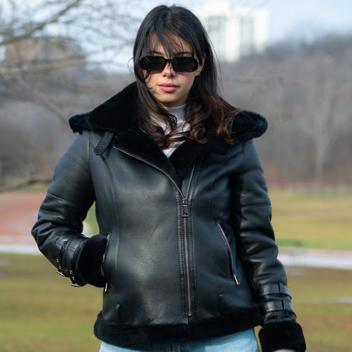 Sofie’s black biker style sheepskin shearling jacket with hoodie - Image 2