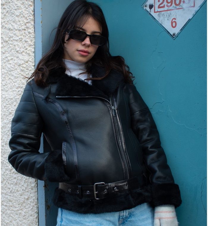 Tasha’s Black Sheepskin Shearling B-3 Bomber Style Jacket - Image 3
