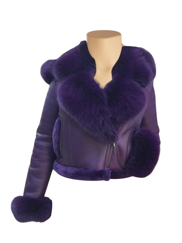 Sierra’s Purple Sheepskin Shearling Crop Jakcet with hoodie and Fox Fur - Image 3