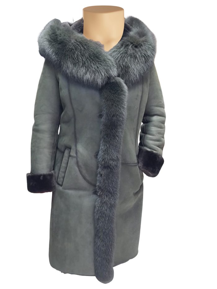 Pheobe’s Grey Hooded Suede Shearling Jacket with fox fur - Image 3