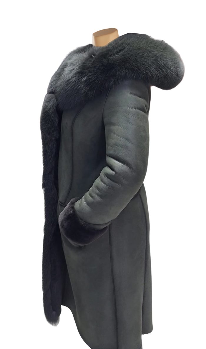 Pheobe’s Grey Hooded Suede Shearling Jacket with fox fur - Image 4