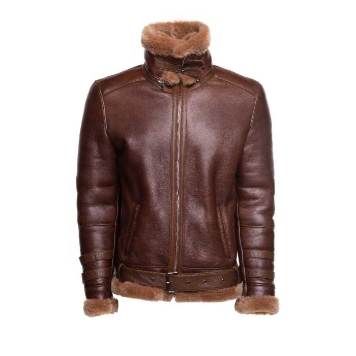Phan’s Brown Aviator bomber shearling jacket with a waist belt - Image 3