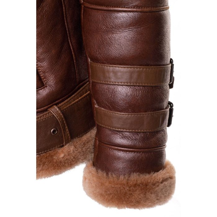 Phan’s Brown Aviator bomber shearling jacket with a waist belt - Image 4