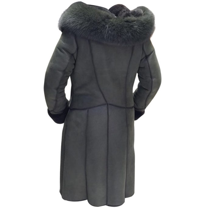 Pheobe’s Grey Hooded Suede Shearling Jacket with fox fur - Image 2
