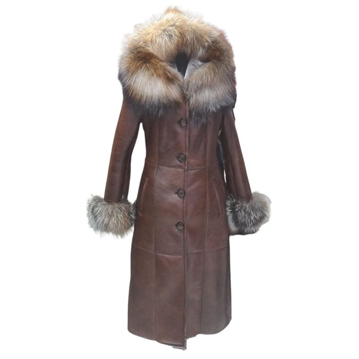 Riley_sDarkbrownLongShearlingcoatwithhood