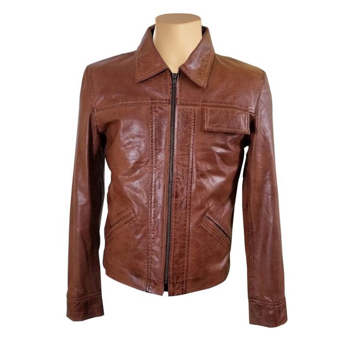 RyanShield_sBrownLeatherJacketwithwaistadjusters