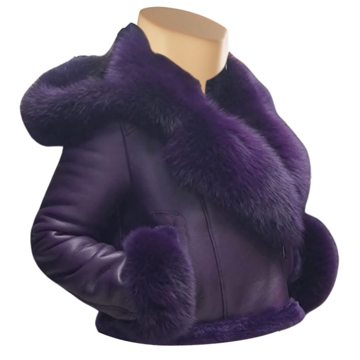 Sierra’s Purple Sheepskin Shearling Crop Jakcet with hoodie and Fox Fur - Image 2