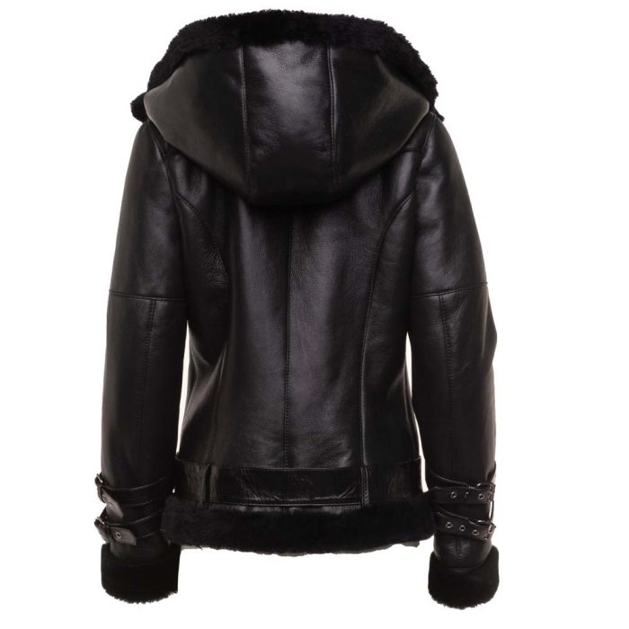 Sofie’s black biker style sheepskin shearling jacket with hoodie - Image 5