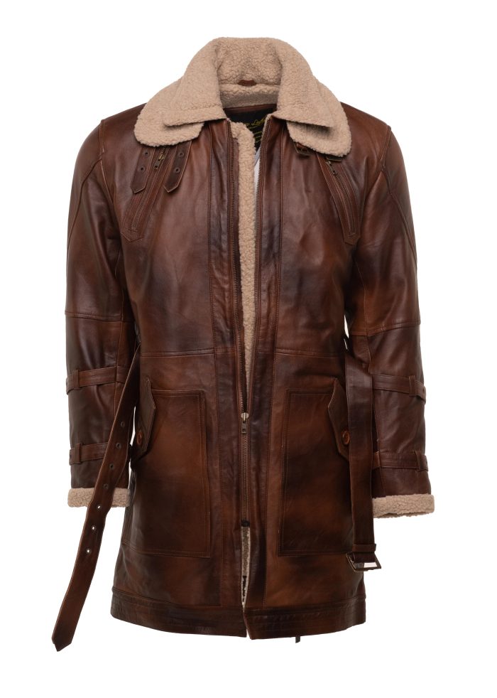 Vintage Rust 3/4 Leather Trench coat with Sherpa Lining - Image 3