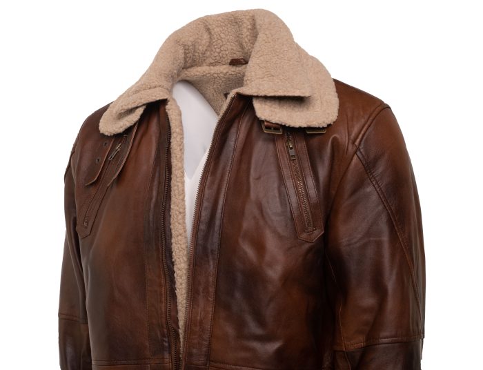Vintage Rust 3/4 Leather Trench coat with Sherpa Lining - Image 4