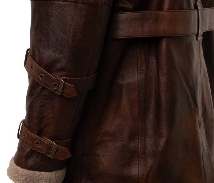 Vintage Rust 3/4 Leather Trench coat with Sherpa Lining - Image 5