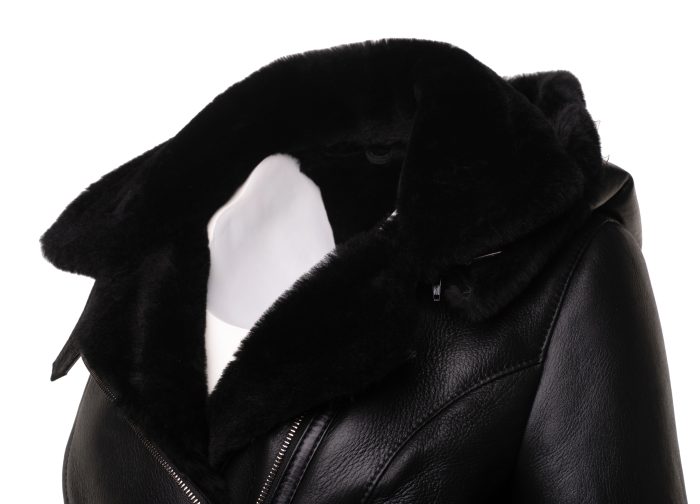 Sofie’s black biker style sheepskin shearling jacket with hoodie - Image 6
