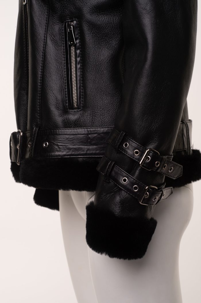 Sofie’s black biker style sheepskin shearling jacket with hoodie - Image 7
