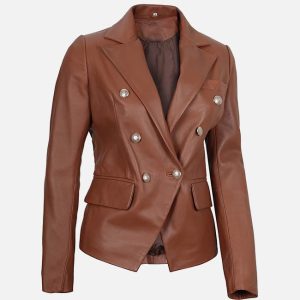women's double breasted brown leather blazer jacket