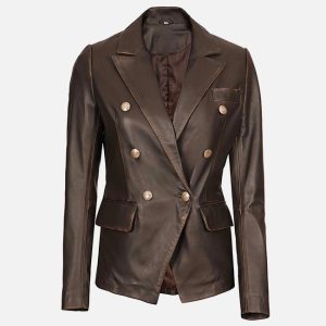 women's double breasted rub off brown leather blazer
