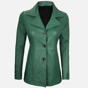women's green leather blazer with three button