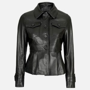 women's motorcycle style black leather trucker jacket