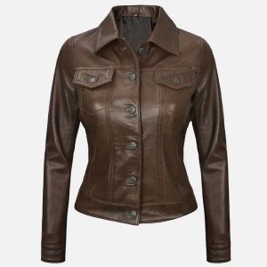 women's dark brown leather trucker jacket