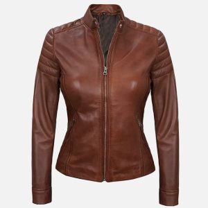 women's cafe racer brown padded leather jacket