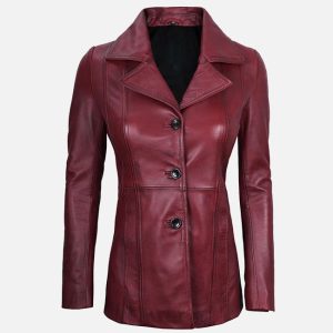 women's maroon leather blazer with three button