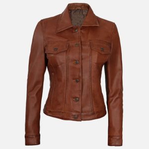 women's cognac brown trucker leather jacket