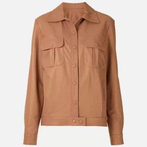 women’s brown leather trucker jacket