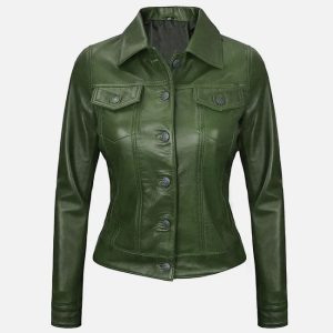 women's green leather trucker jacket