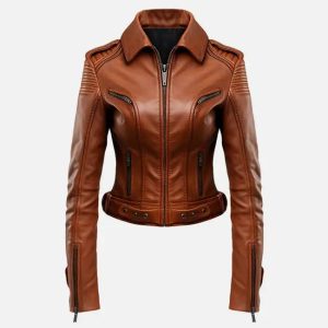 women’s stylish brown leather jacket