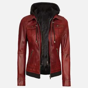 women's maroon leather jacket with removable hood