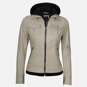 women’s beige leather jacket with hood