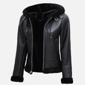 women's black leather hooded shearling jacket