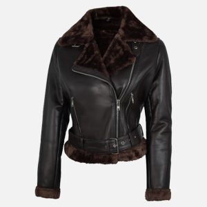 women's black and brown shearling leather jacket