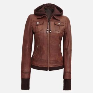 women's dark brown leather jacket with removable hood