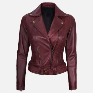 women's maroon leather asymmetrical motorcycle jacket