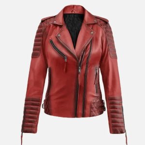 women's burnt red biker leather jacket