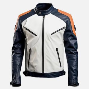 men’s white blue cafe racer leather jacket