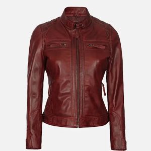 women's maroon quilted cafe racer leather jacket