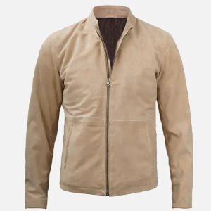 men's beige cafe racer suede leather jacket